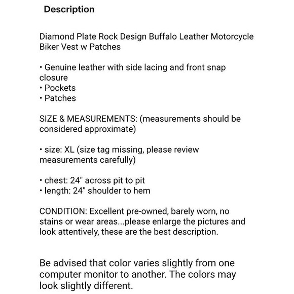 Diamond Plate Rock Design Buffalo Leather Motorcycle Biker Vest w Patches  XL - Picture 8 of 8